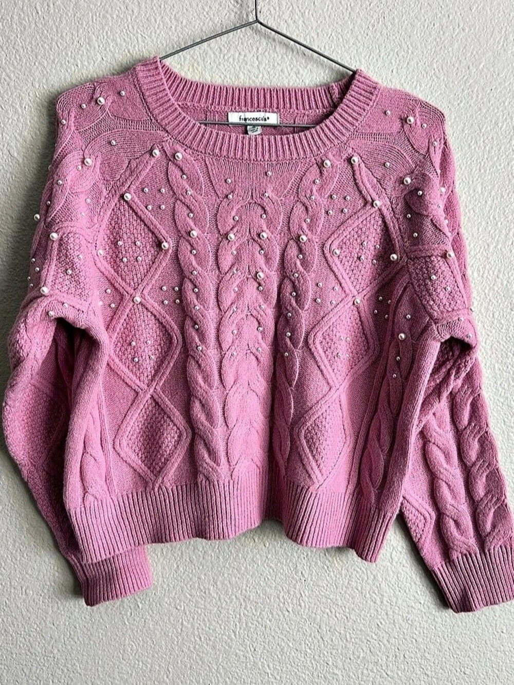 Francesca's Pearl Embellished Cable Knit Sweater Pink Small
